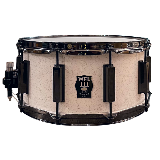 WFLIII Aluminum Snare Drum - White Sparkle 6.5"x14" Black Nickle Lugs Trick b1